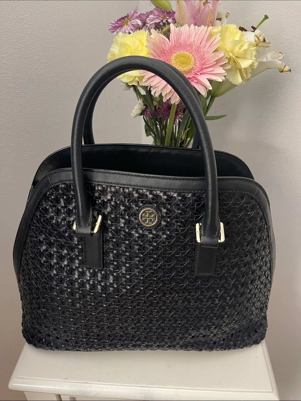 Tory Burch Black Woven Leather Satchel with Gold Logo